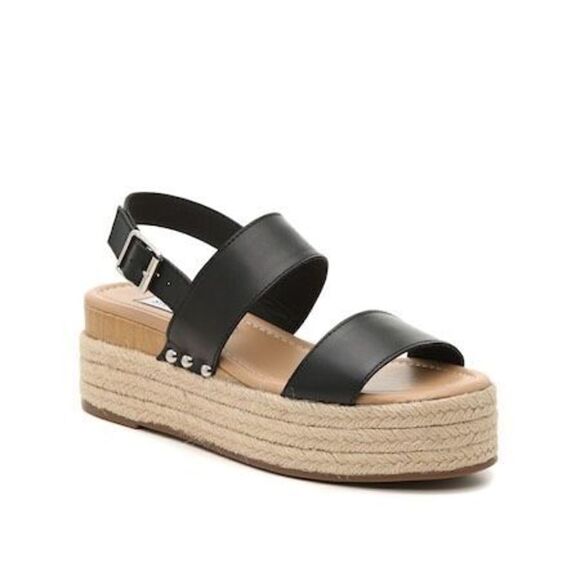 Steve Madden Espadrille Wedge Leather Black Sandals sz 10M - Picture 1 of 12